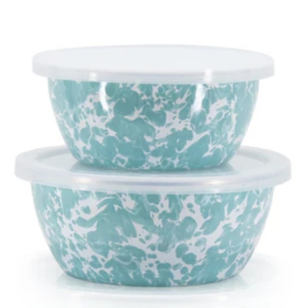 Golden Rabbit Home Prep Bowls Set of 2 w Lids Sea Glass Swirl New